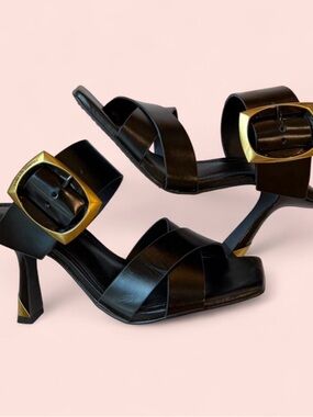 Black Leather Buckle Sandal Heels